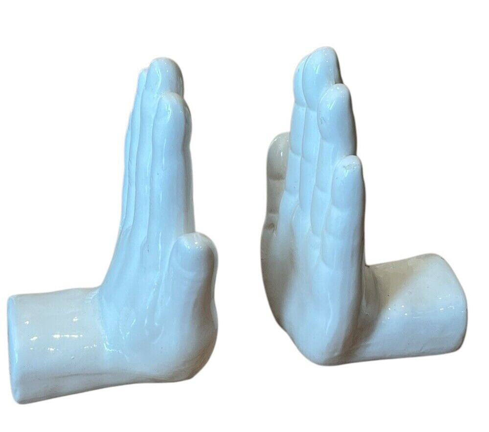 White Ceramic Hands Book Ends VTG 6.25” Weighted W/ Sand MCM
